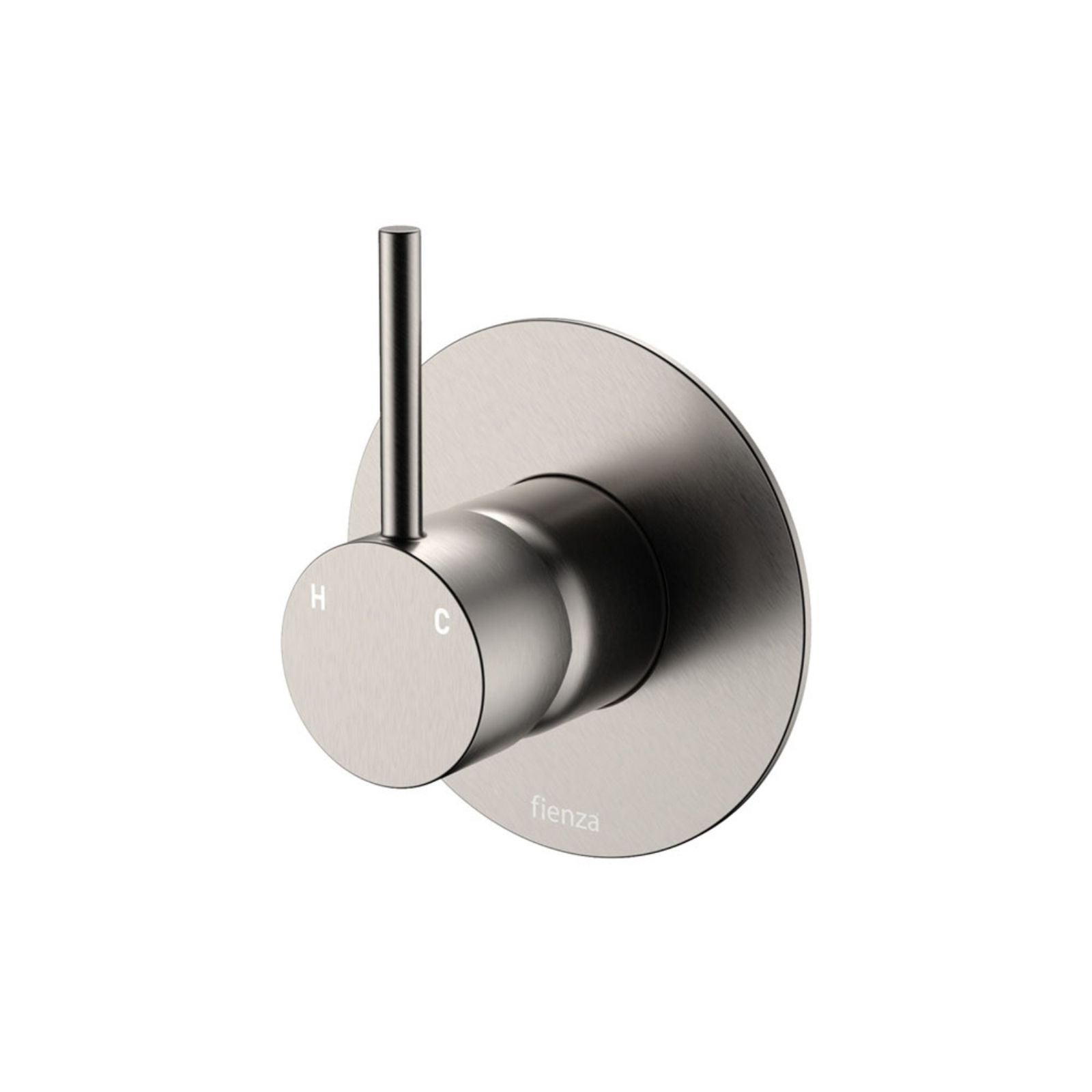 Fienza Kaya Up wall mixer in brushed nickel with upright pin lever and round wall plate for shower or bath
