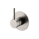 Fienza Kaya Up wall mixer in brushed nickel with upright pin lever and round wall plate for shower or bath