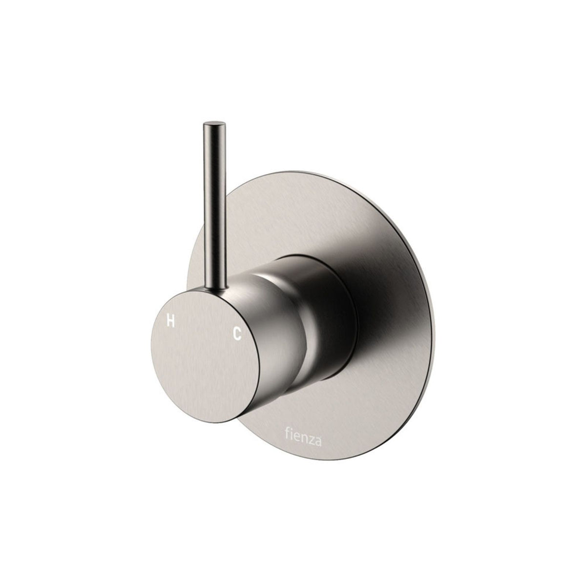 Fienza Kaya Up wall mixer in brushed nickel with upright pin lever and round wall plate for shower or bath