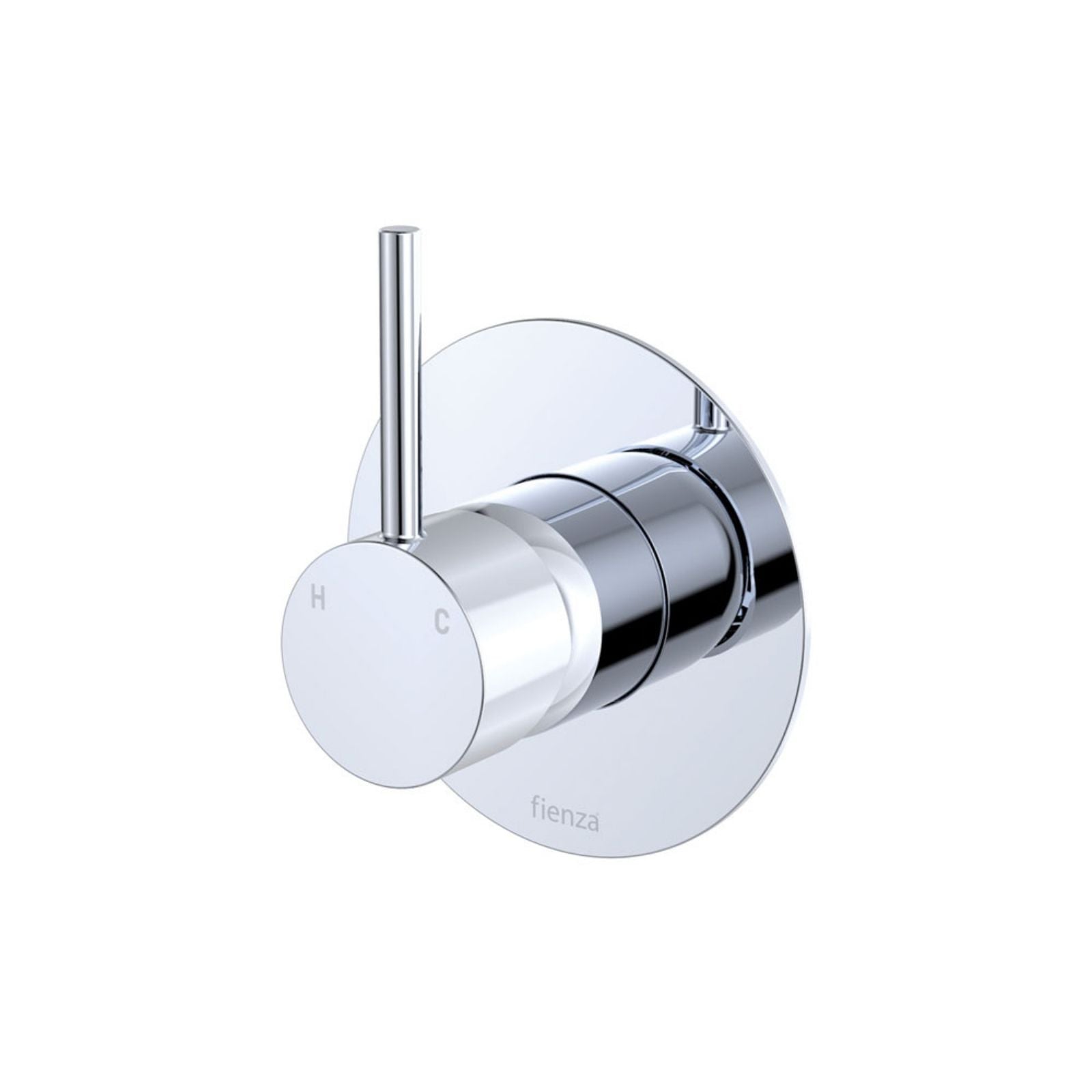 Fienza Kaya Up chrome wall mixer with large round plate and upright pin lever on a white background