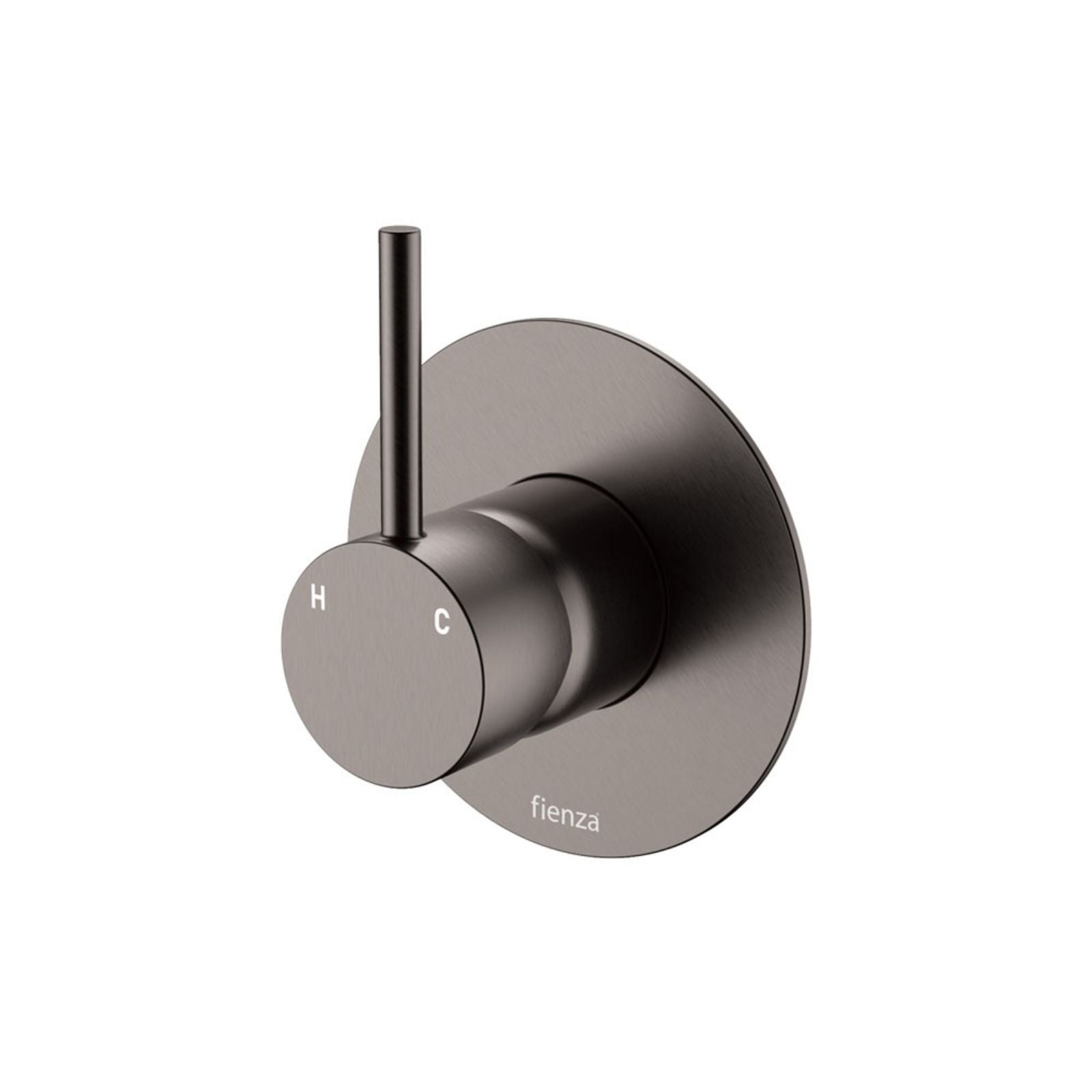Fienza Kaya Up wall mixer in gun metal with round plate and upright pin lever, front view on white background
