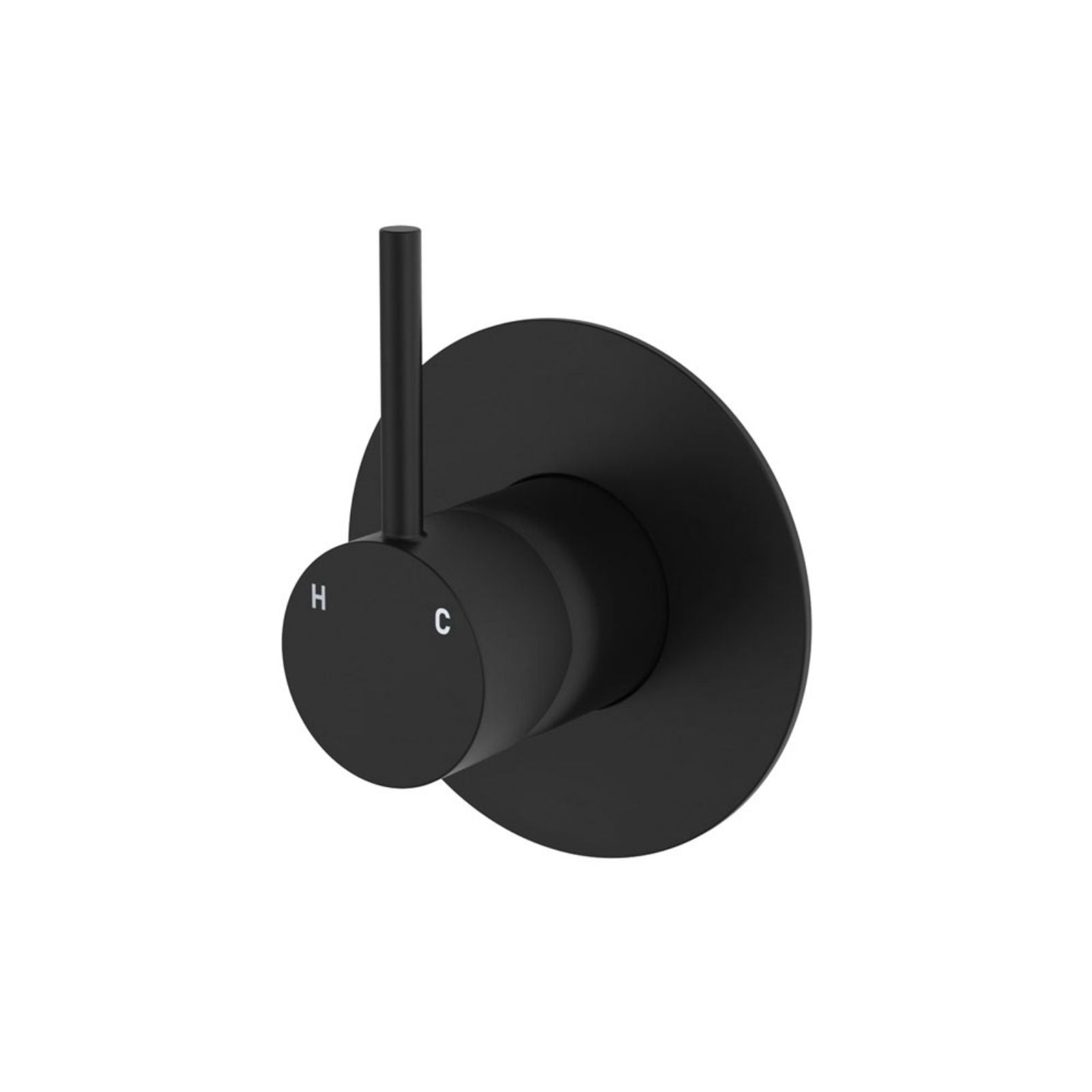 Fienza Kaya wall mixer in matte black with large round plate and upright pin lever on a white background