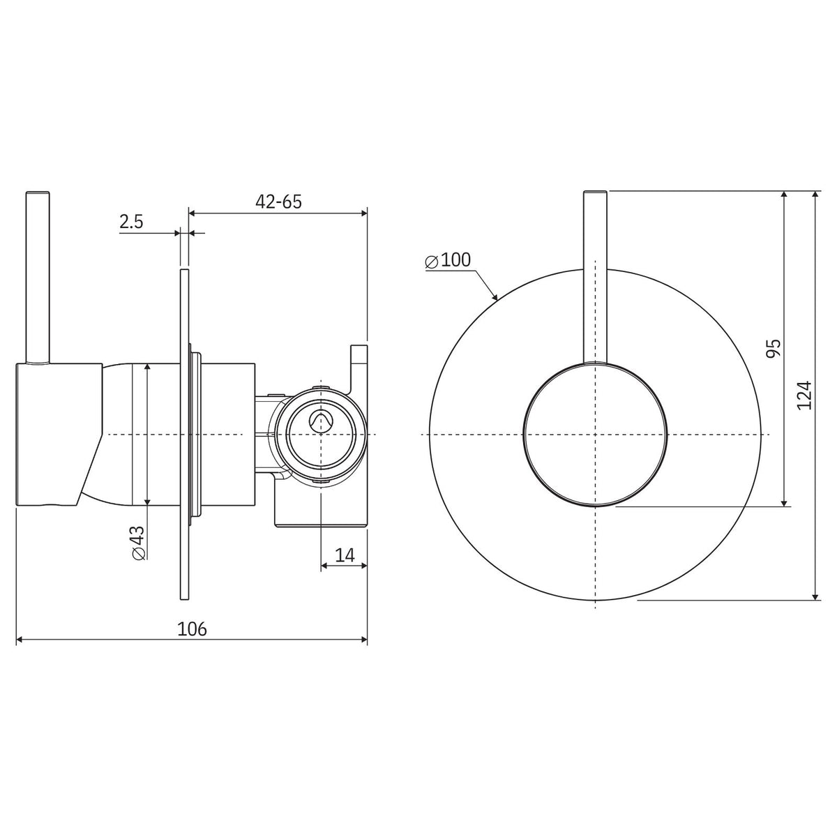 Fienza Kaya Up wall mixer technical drawing, matte black, round 100mm plate and upright lever, showing dimensions and side/front views