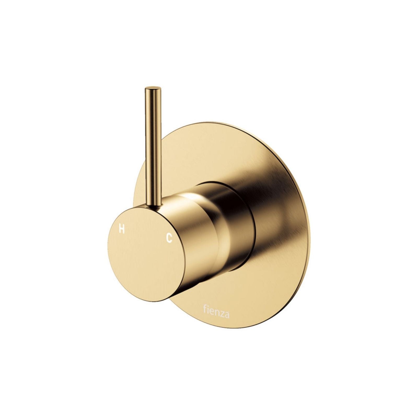 Fienza Kaya Up wall mixer in urban brass with round wall plate and upright pin lever on white background