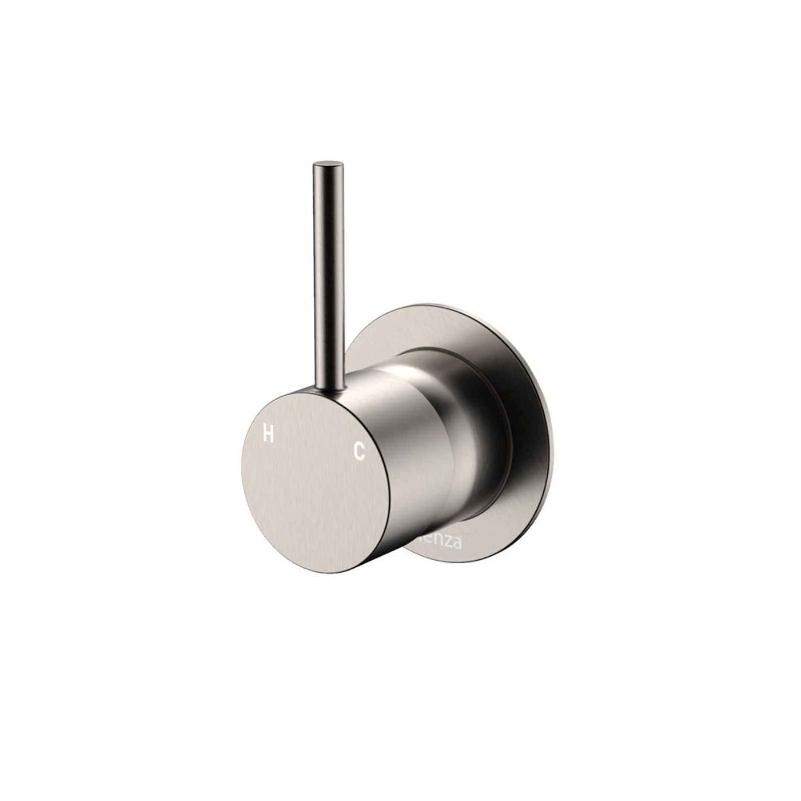 Fienza Kaya Up wall mixer in brushed nickel with small round plate and upright pin lever, front view on white background
