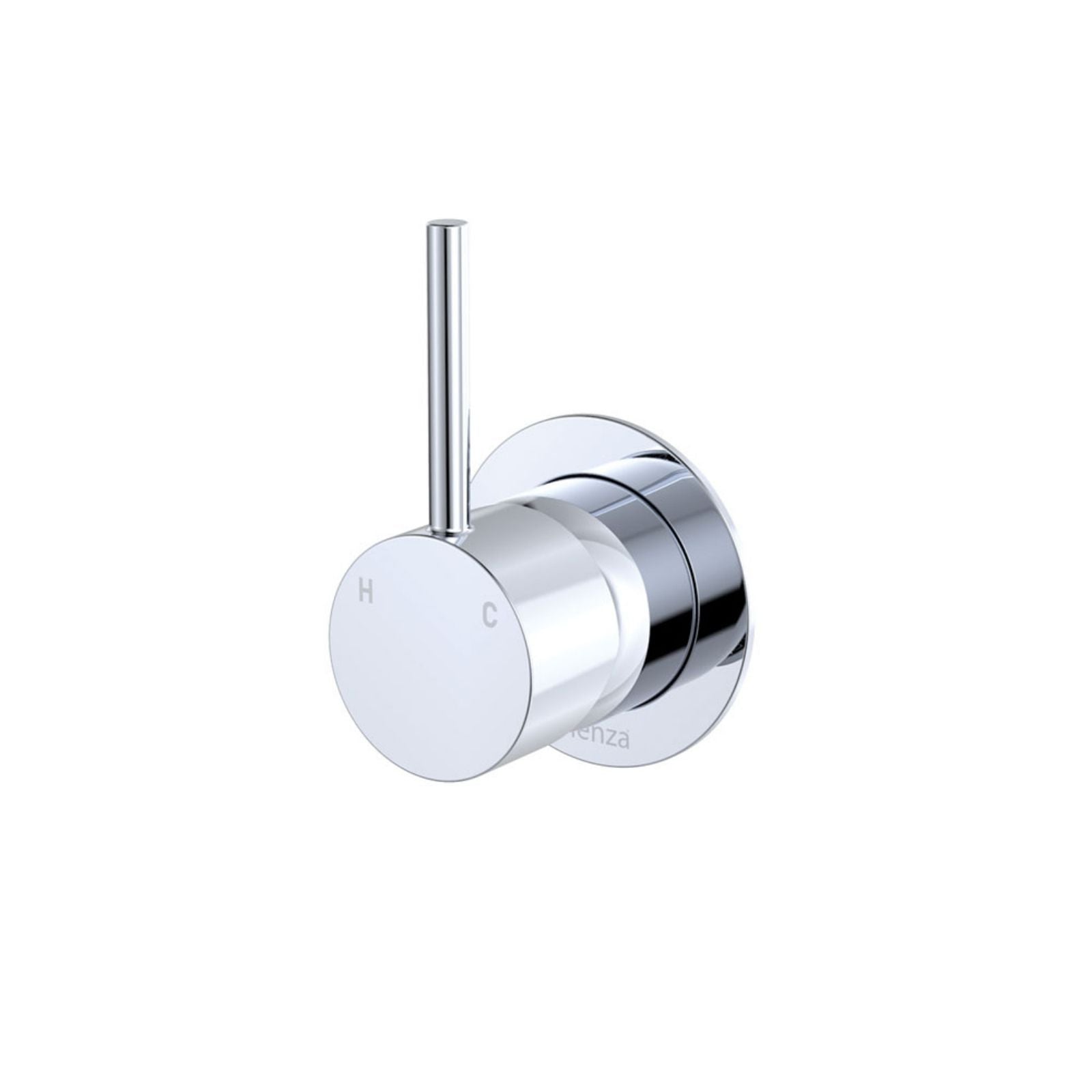 Fienza Kaya Up chrome wall mixer with small round plate and upright pin lever, front angled view on white background