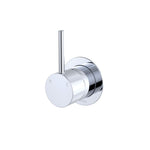 Fienza Kaya Up chrome wall mixer with small round plate and upright pin lever, front angled view on white background
