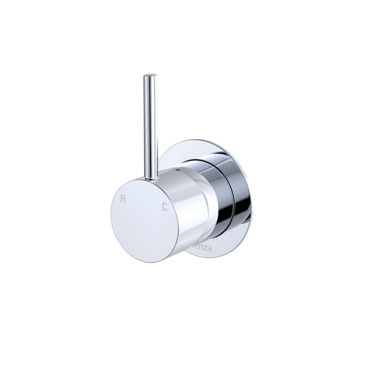 Fienza Kaya Up chrome wall mixer with small round plate and upright pin lever, front angled view on white background