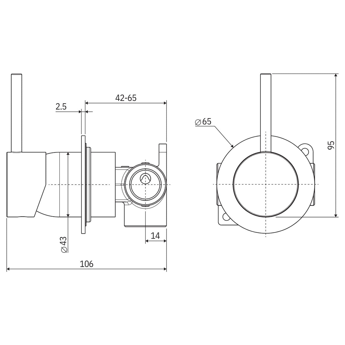 Technical drawing of Fienza Kaya Up wall mixer, showing chrome wall-mounted round plate and dimensions 106mm overall, Ø65mm plate