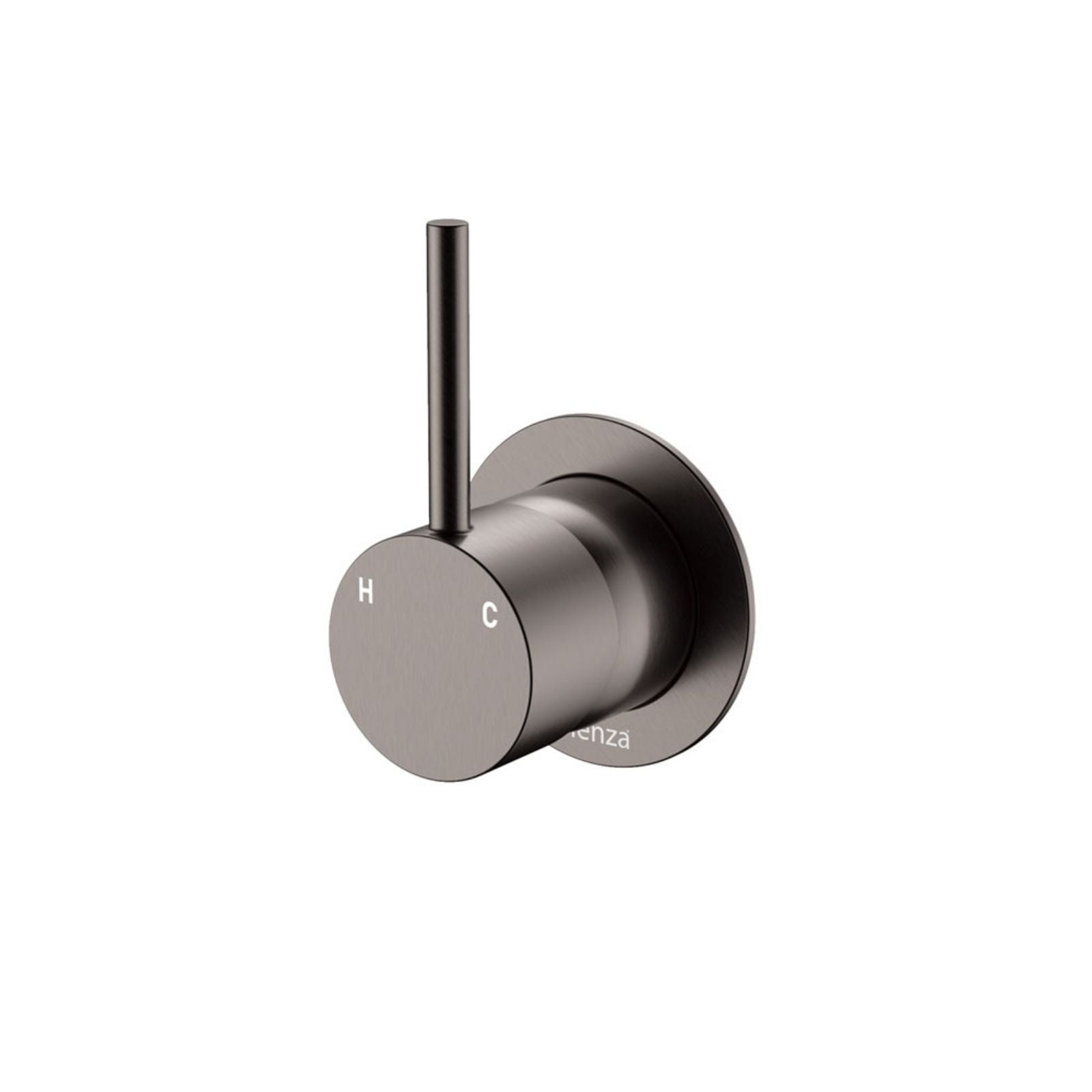 Fienza Kaya Up wall mixer in gun metal with small round plate and upright pin lever on white background