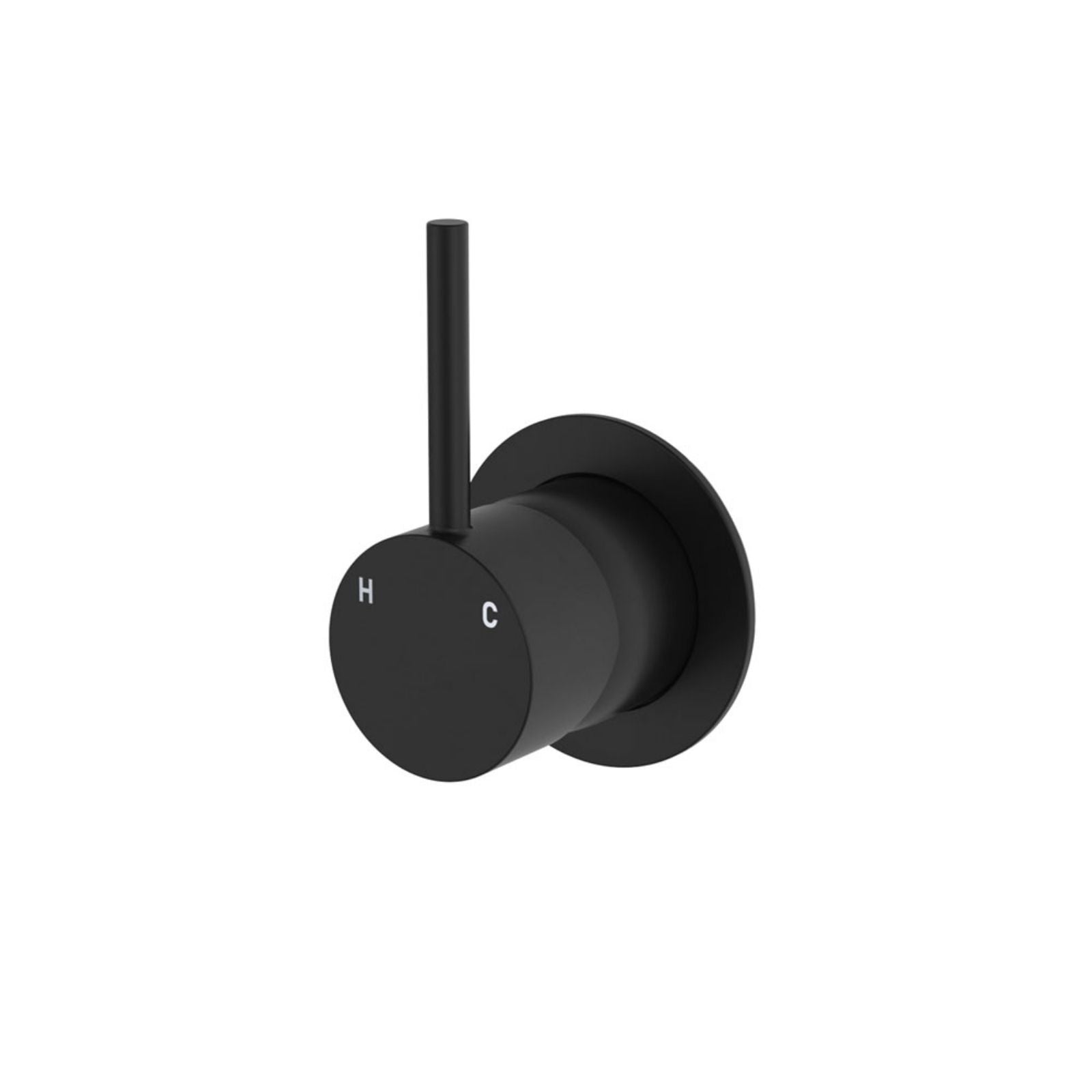 Fienza Kaya wall mixer in matte black, small round plate with upright pin lever, front view on white background