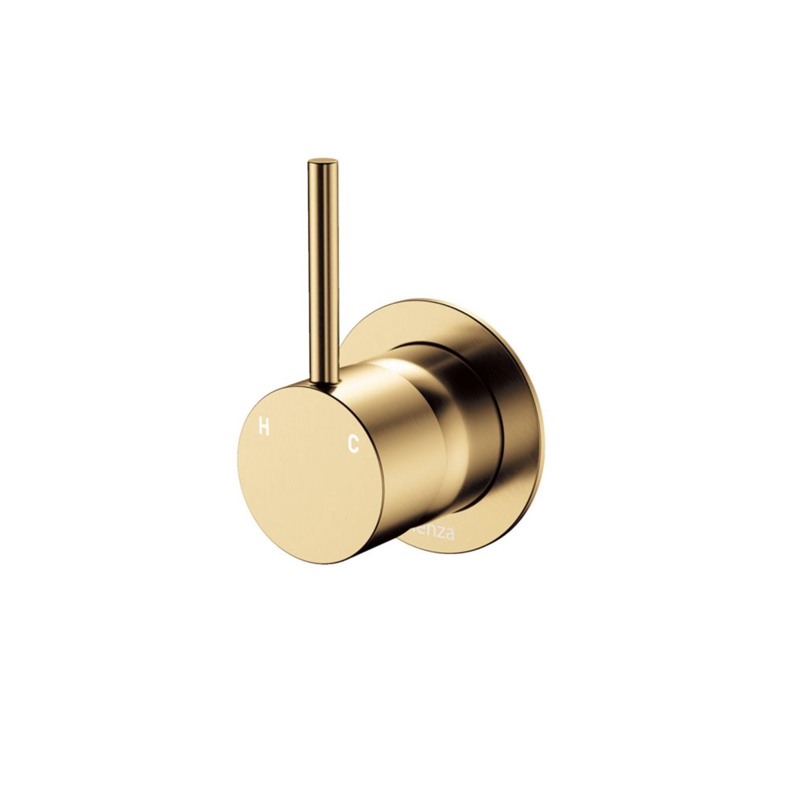Fienza Kaya Up wall mixer in urban brass, small round plate with upright pin lever, front view on white background
