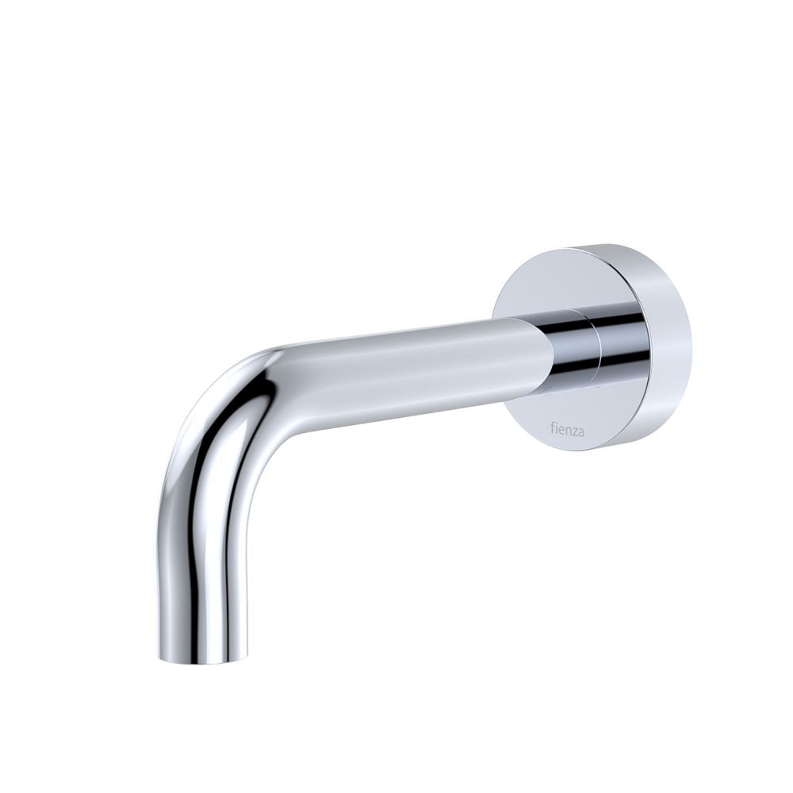 Fienza Kaya wall basin/bath spout in chrome with round wall plate, shown side-on on a white background
