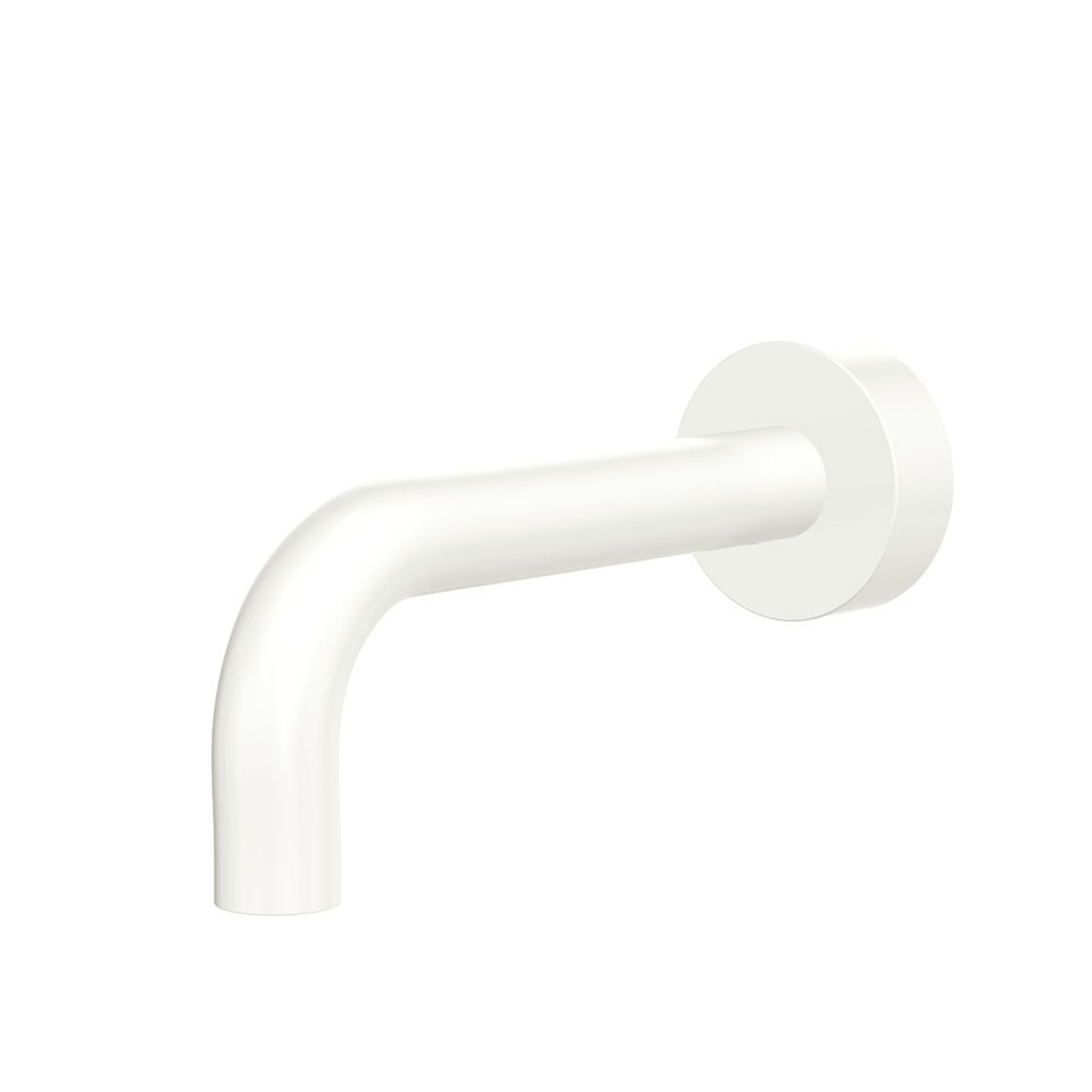 Fienza Kaya wall basin/bath outlet spout with round plate in matte white, shown in side view on white background