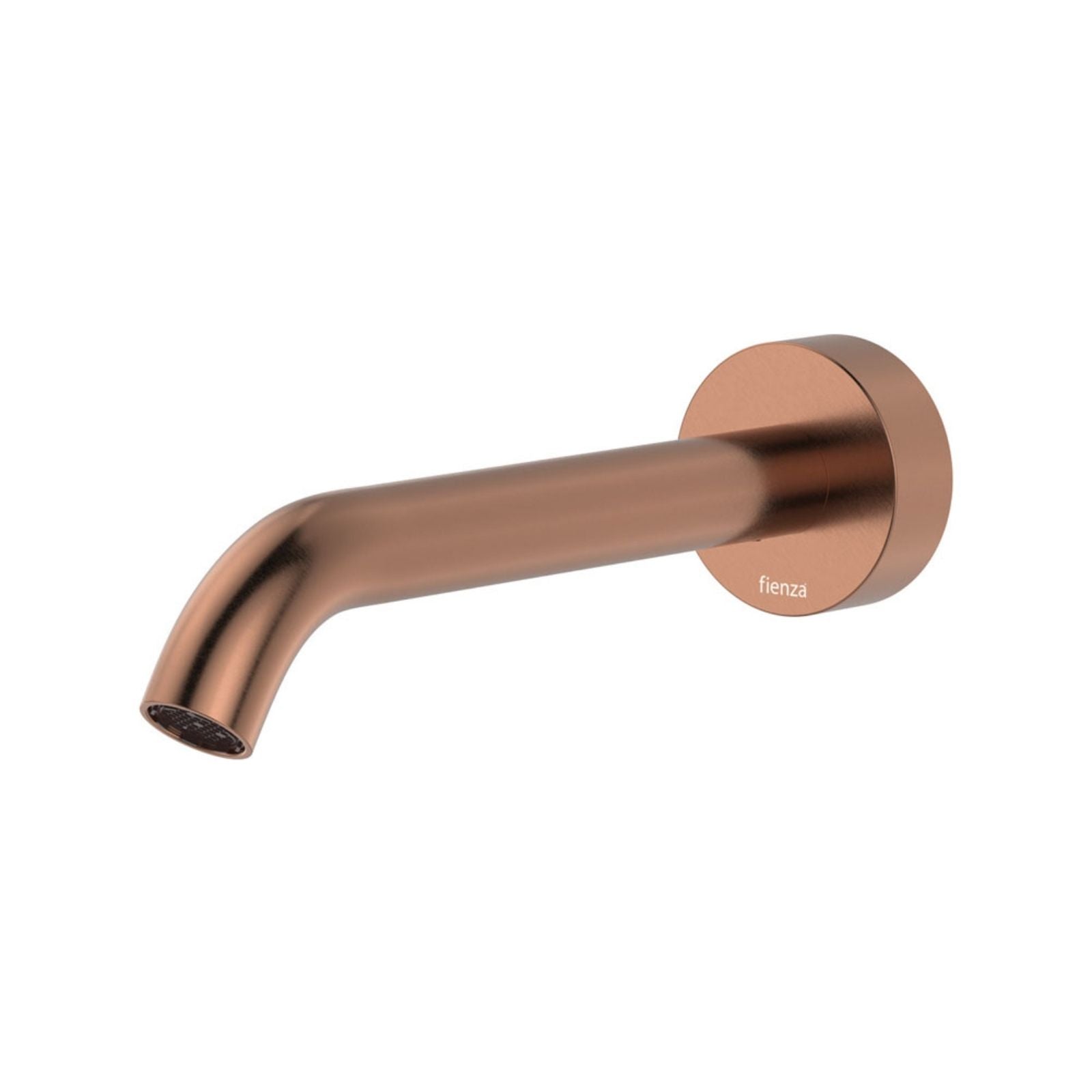 Fienza Kaya wall basin/bath spout in brushed copper, fixed wall-mounted tap with curved 180mm outlet and round backplate