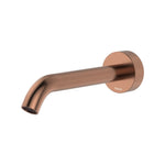Fienza Kaya wall basin/bath spout in brushed copper, fixed wall-mounted tap with curved 180mm outlet and round backplate