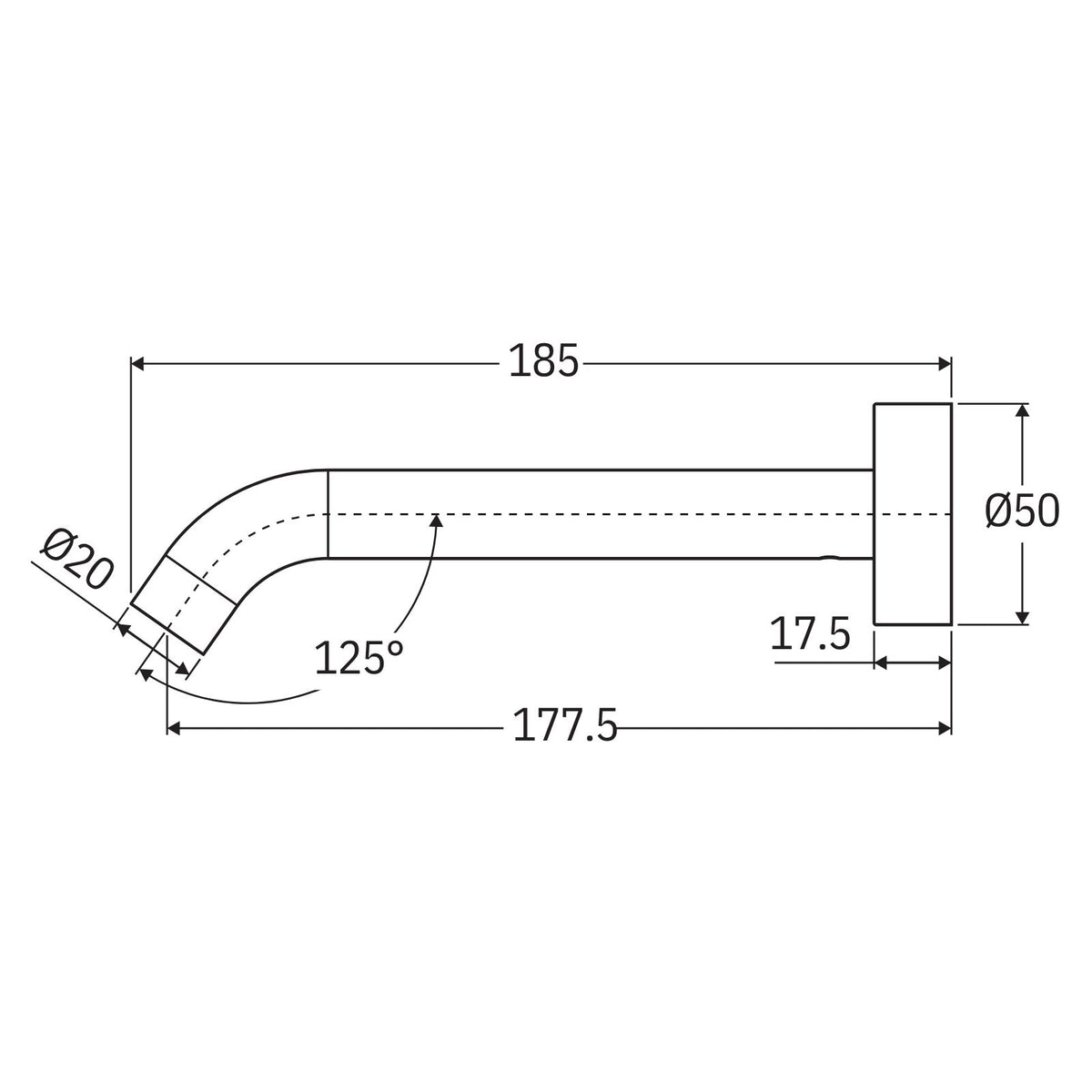 Technical drawing of Fienza Kaya wall basin/bath spout, showing 185mm length, 177.5mm reach and Ø50mm backplate.