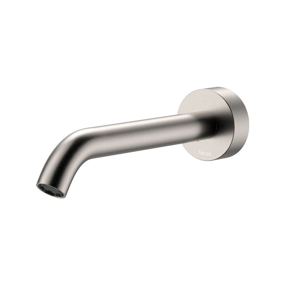 Fienza Kaya wall basin/bath spout in brushed nickel, 180mm outlet, fixed wall-mounted round design