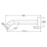 Fienza Kaya wall basin/bath spout technical drawing, brushed nickel, 185mm overall, 177.5mm reach, Ø50 base, 125° bend