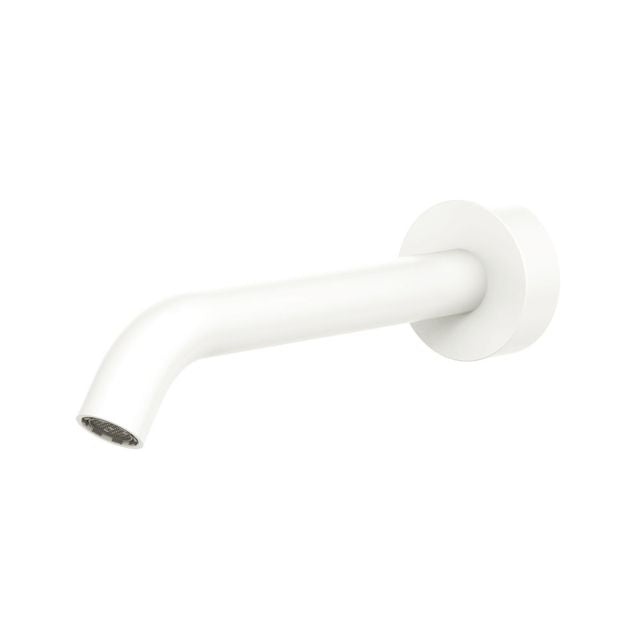Fienza Kaya matte white wall basin/bath spout, 180mm outlet with round back plate, angled fixed design