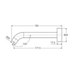 Fienza Kaya wall basin/bath spout technical drawing in Urban Brass, showing 185mm length and 177.5mm reach with Ø50 plate