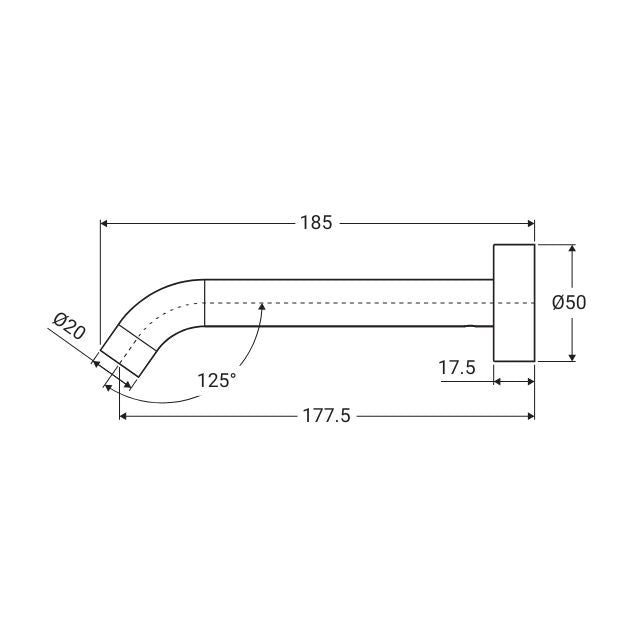 Fienza Kaya wall basin/bath spout technical drawing in Urban Brass, showing 185mm length and 177.5mm reach with Ø50 plate