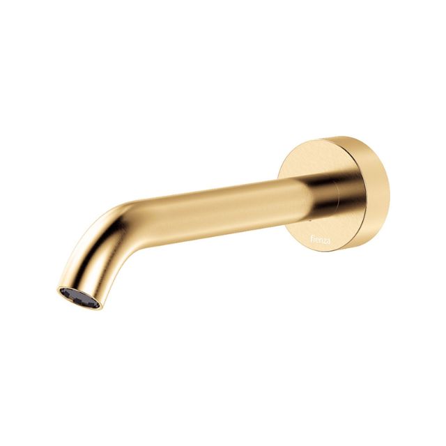 Fienza Kaya wall basin/bath spout in Urban Brass, wall-mounted with round plate and curved 180mm outlet