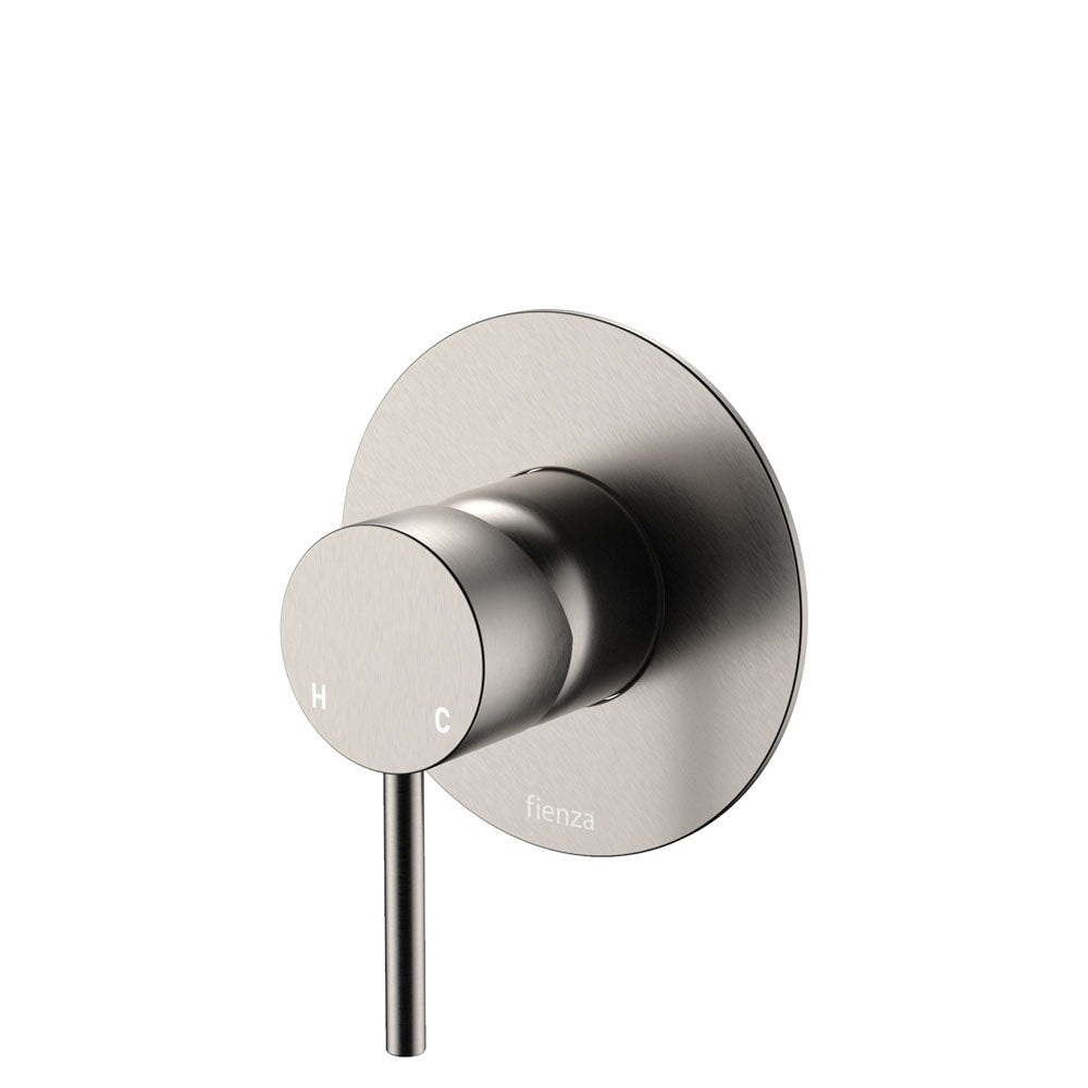 Fienza Kaya wall mixer, brushed nickel round wall plate with pin lever handle