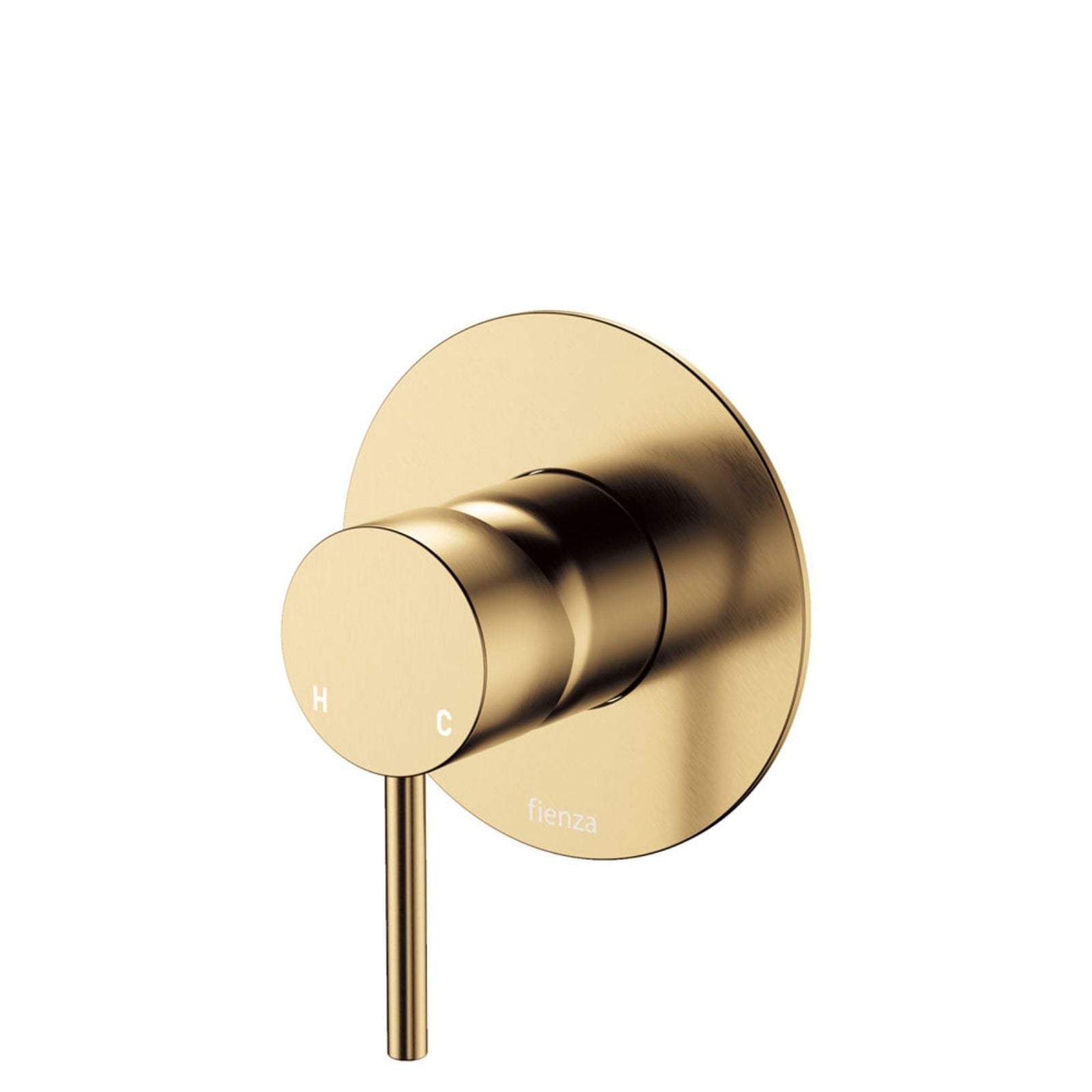 Fienza Kaya wall mixer, large round plate in urban brass, wall-mounted tap with pin lever detail
