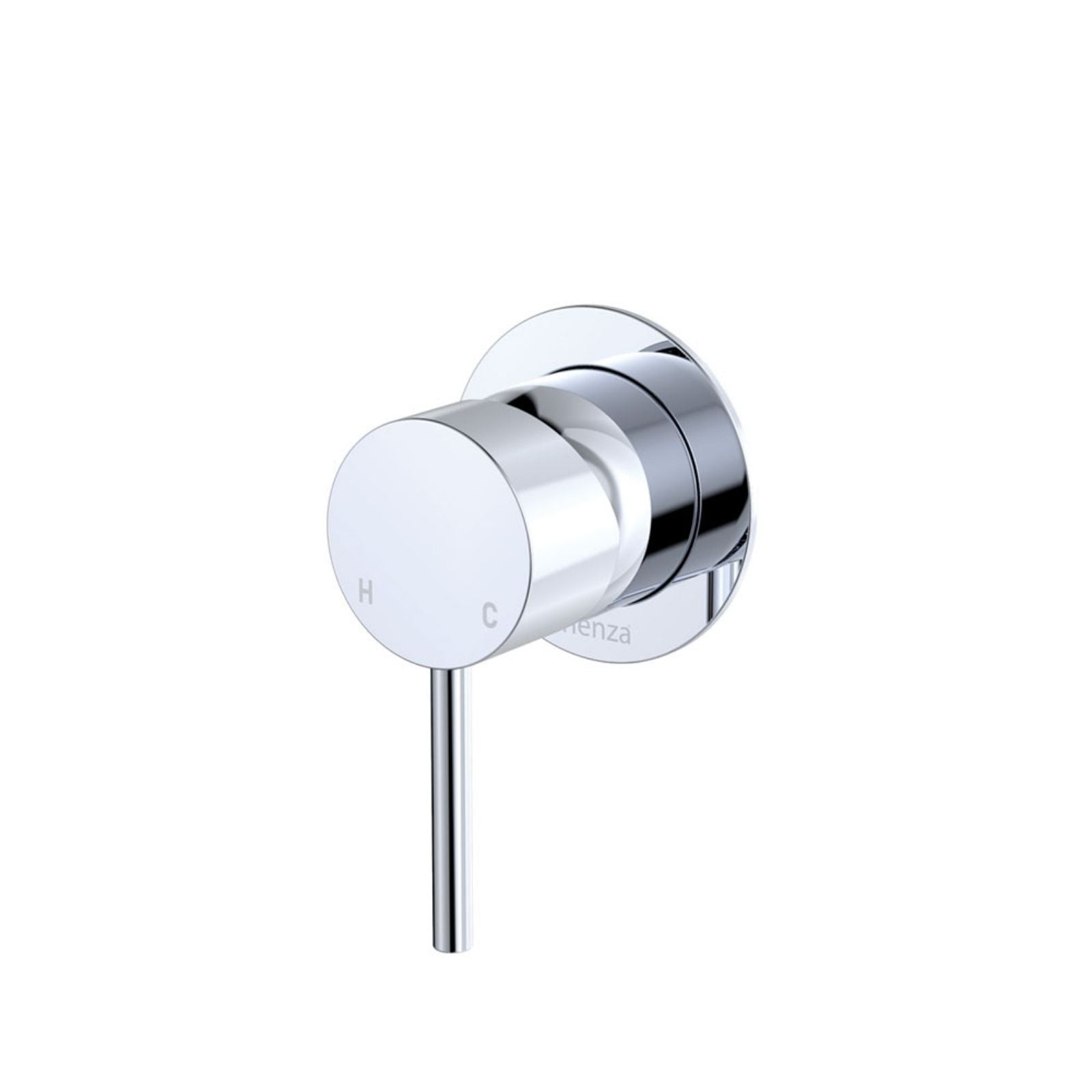 Fienza Kaya chrome wall mixer with small round plate and pin lever handle, front view on white background