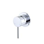 Fienza Kaya chrome wall mixer with small round plate and pin lever handle, front view on white background