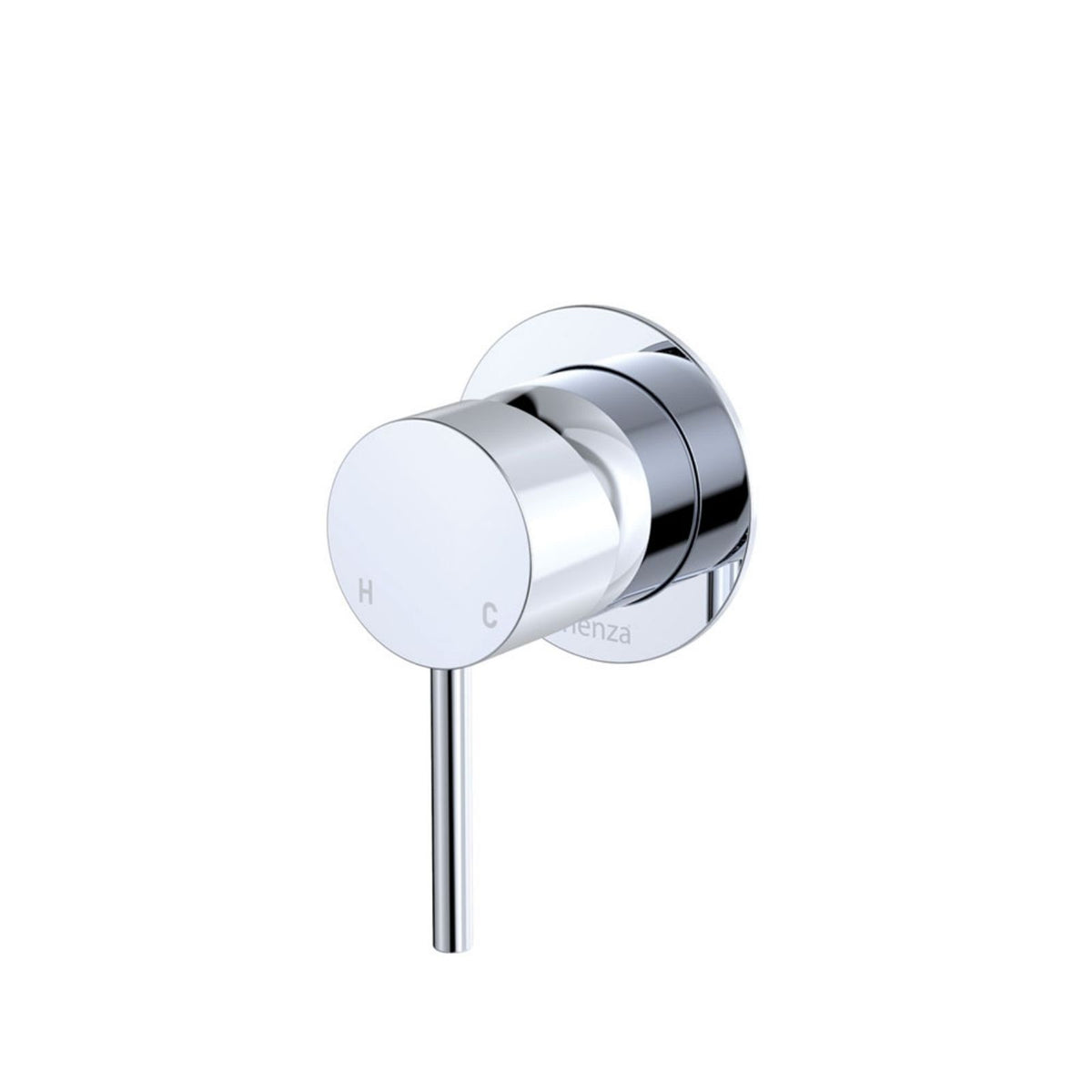 Fienza Kaya chrome wall mixer with small round plate and pin lever handle, front view on white background