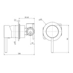 Fienza Kaya wall mixer technical drawing, small round plate and pin lever in chrome, with dimensions shown