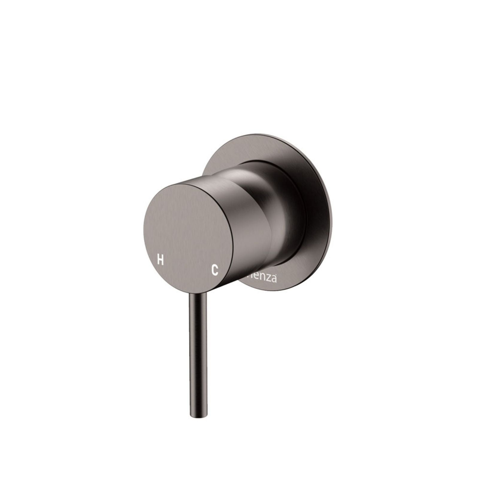 Fienza Kaya wall mixer in gun metal with small round plate and slim pin lever handle on a white background