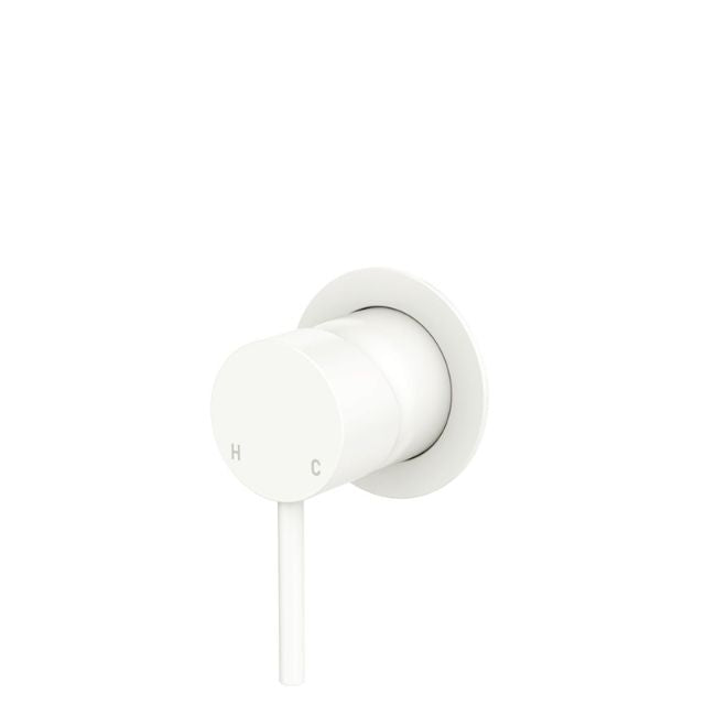 Fienza Kaya wall mixer with small round plate in matte white, wall-mounted tap with round pin lever