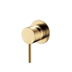 Fienza Kaya wall mixer in urban brass with small round plate and pin lever handle, front view on white background