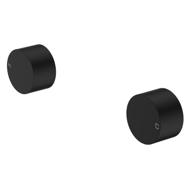 Fienza Kaya matte black wall top assemblies, two round tap handles on white background