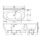 Fienza Keeto back-to-wall bath technical drawing, white oval acrylic tub with overflow, 1500mm dimensions shown