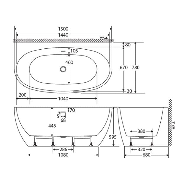 Fienza Keeto back-to-wall bath technical drawing, white oval acrylic tub with overflow, 1500mm dimensions shown