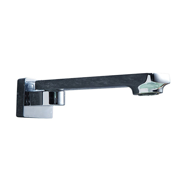 Fienza Koko chrome wall-mounted swivel bath outlet with square profile and clear aerator end on white background