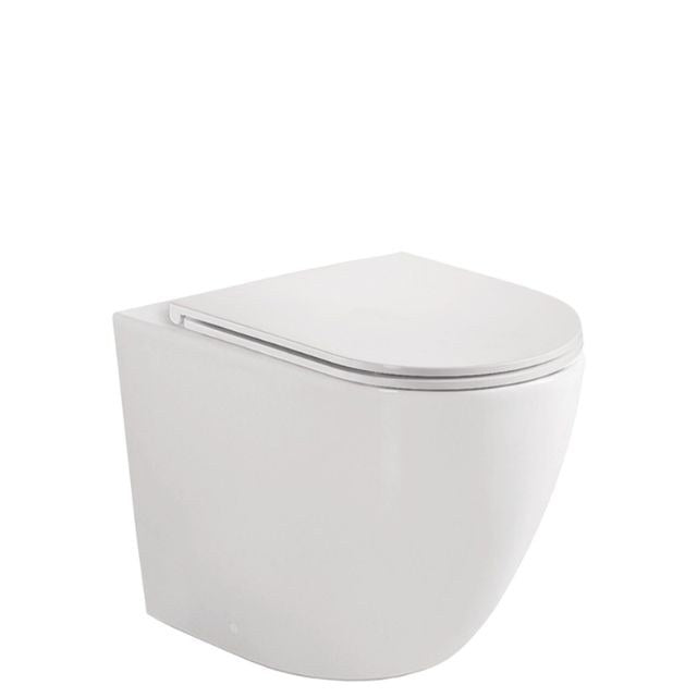 Fienza Koko wall-faced toilet suite in gloss white with slim soft close seat, shown on white background