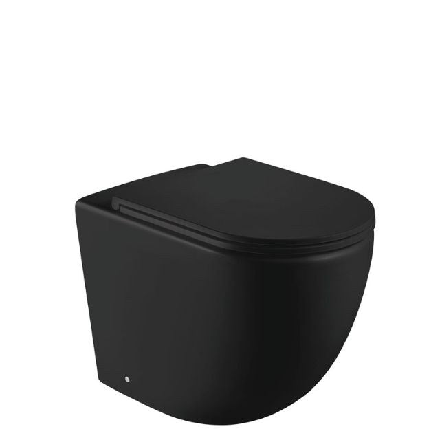 Fienza Koko Tornado wall-faced toilet suite in matte black, side view with closed seat and concealed trap