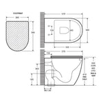 Fienza Koko wall-faced toilet suite technical drawing in matte black, showing footprint and side dimensions