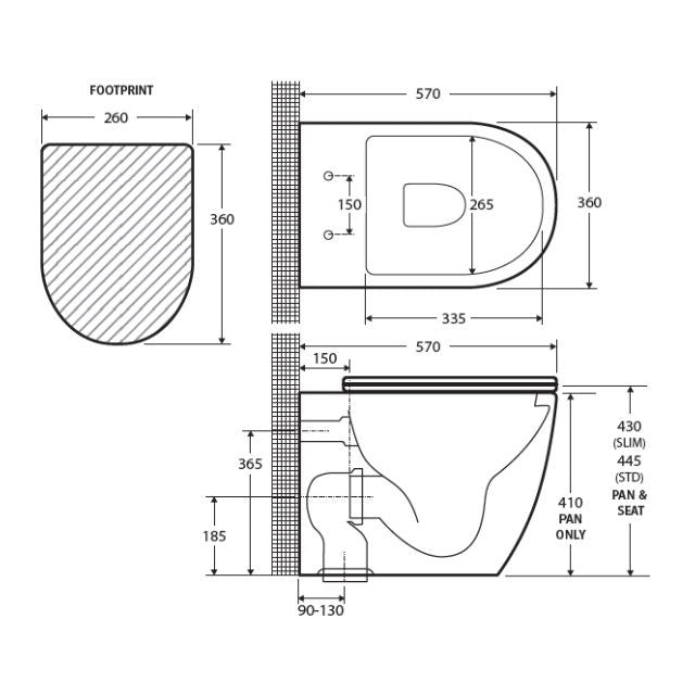 Fienza Koko wall-faced toilet suite technical drawing in matte black, showing footprint and side dimensions