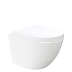Fienza Koko wall hung toilet suite in gloss white, side view with soft-close seat, rounded vitreous china pan