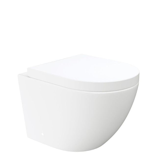 Fienza Koko wall hung toilet suite in gloss white, side view with soft-close seat, rounded vitreous china pan