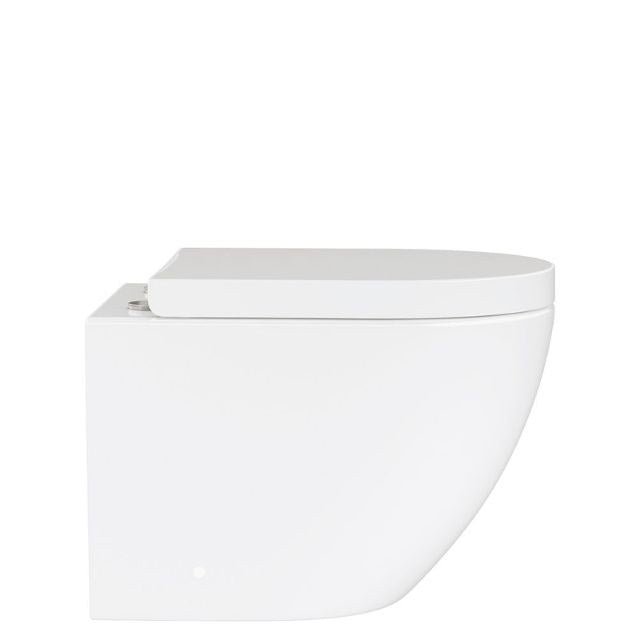 Fienza Koko wall hung toilet suite in gloss white with soft close seat, side view