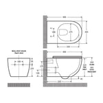 Fienza Koko wall hung toilet suite technical drawing in gloss white, showing top, side and rear dimensions