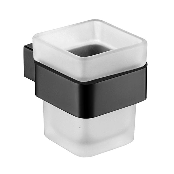 Fienza Koko wall-mounted tumbler holder in matte black with frosted glass tumbler, squared bathroom accessory