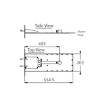 Fienza Komo wall mounted overhead sheet shower technical drawing showing side and top views, chrome rectangular profile, 7.5mm thick